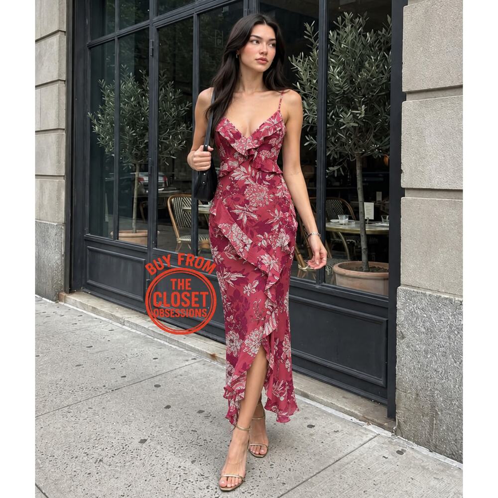 Zara NWT Pink Floral Strappy V Neck Side Slit Midi Slip Dress L XL - Picture 4 of 16